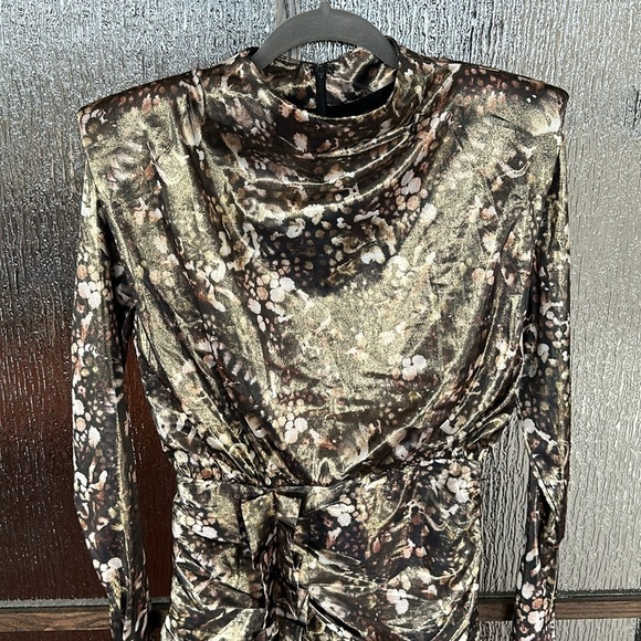 All Saints LILLIANA KETTU High neck Long Sleeve Ruched Mini Gold Black Size 4 - Picture 8 of 9